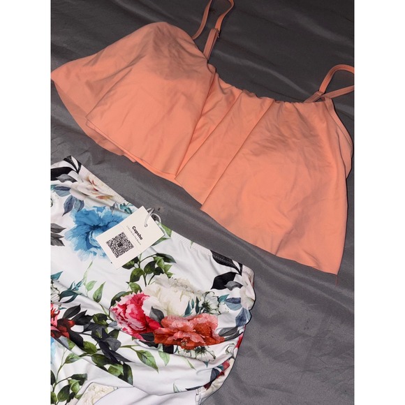 NEW Cupshe 2pc Floral & Peach Ruffle Top/Super High Waist Ruched Bottom Bikini S - Picture 3 of 5